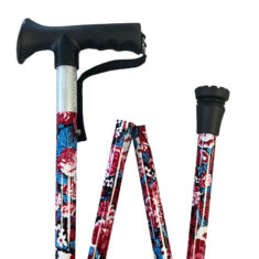Walking Stick Folding Height Adj.T-Handle Red Flowers