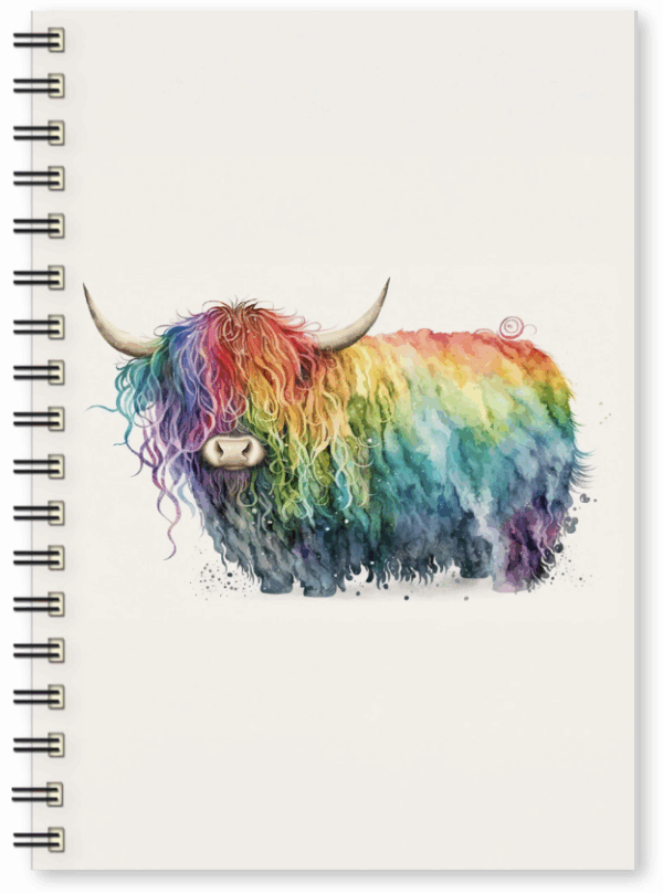Rainbow Highland Coo A5 Wiro Notebook Ruled