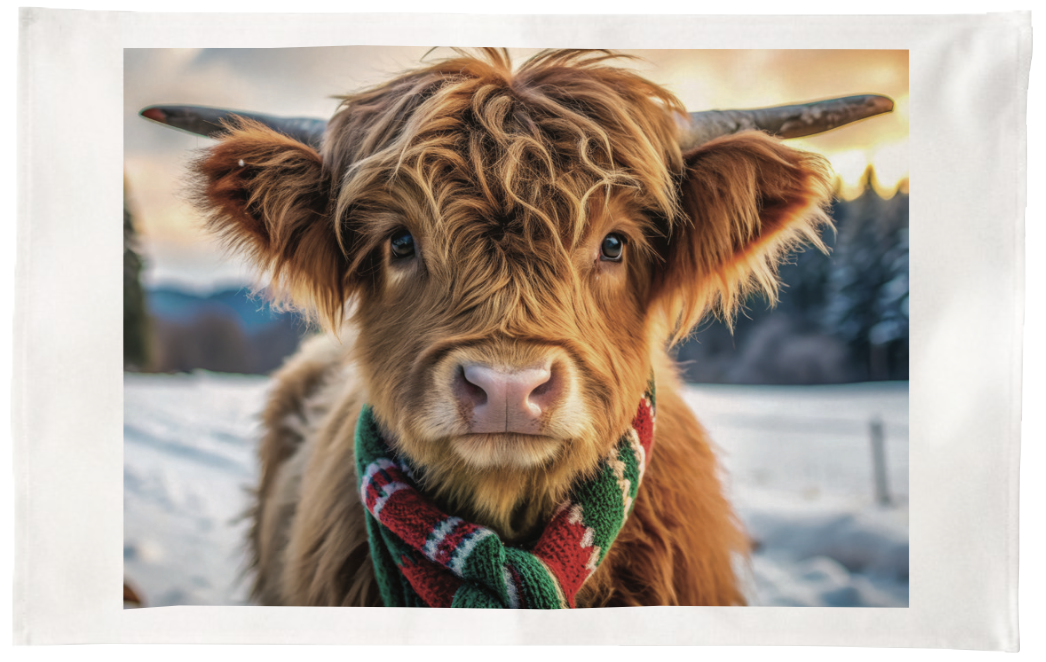 The Highland Winter Coo Cotton Tea Towel